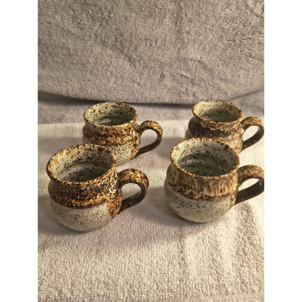 Vintage Studio Art Pottery Stoneware Mugs Set 4 Signed Speckled Tortoise Glaze